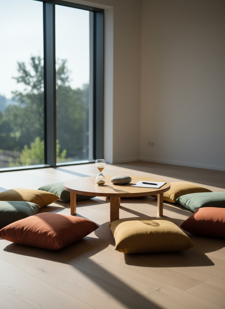 A neatly arranged circle of simple floor cushions in muted earth tones surrounds a low, light-wood table in a bright seminar room. On the table lie a sand timer, a smooth river stone, and a notepad with a pen, symbolizing mindful reflection without showing any people or text. Large windows on one side reveal soft greenery outside, while diffused morning light fills the space, casting gentle, natural shadows. Photographed at eye level with a balanced composition and moderate depth of field, the focus is on the inviting, structured setup. The atmosphere feels calm, focused, and professional, evoking an experiential mindfulness workshop in an educational setting, rendered in clean photographic realism.
