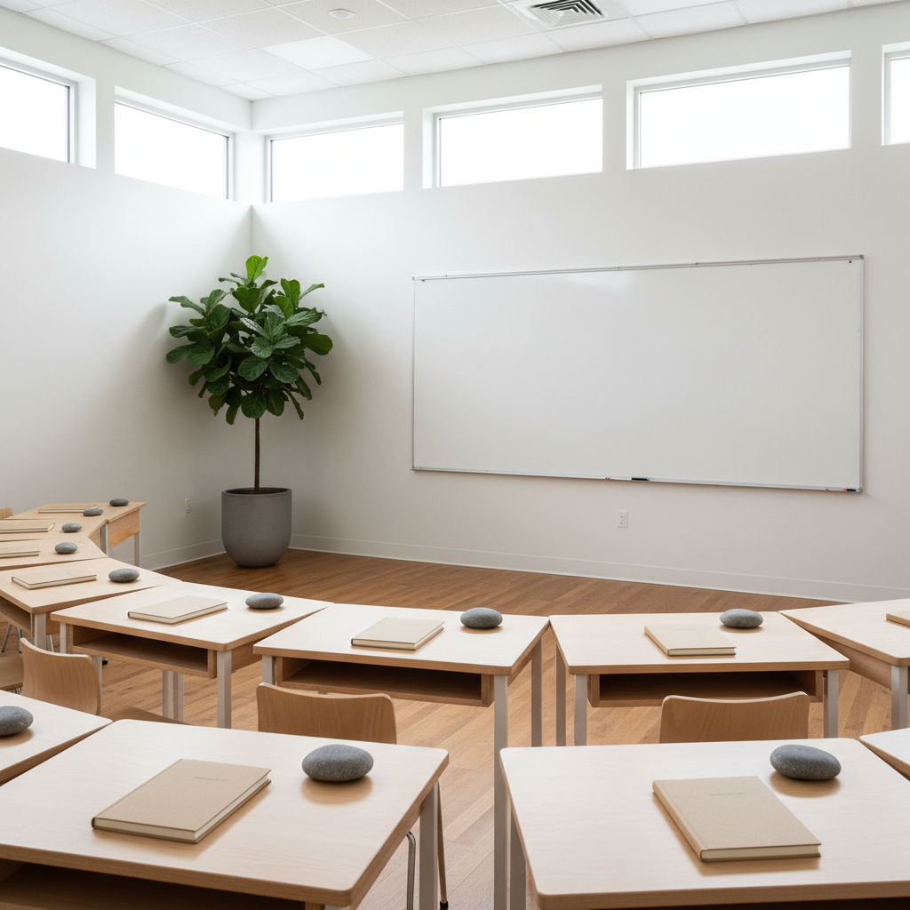 A modern classroom with individual wooden desks neatly arranged in a semi-circle facing a large, blank whiteboard, with no writing on it. On each desk rests a single closed notebook and a smooth stone, suggesting a calm, reflective exercise rather than traditional instruction. A tall plant in one corner softens the room’s lines. Soft overcast daylight enters through high windows, creating even, shadow-free illumination that supports concentration. Captured from a slightly elevated angle, the composition uses the rule of thirds to emphasize the open space at the front of the room. The mood is attentive and grounded, illustrating mindfulness in schools with a realistic, professional photographic style.