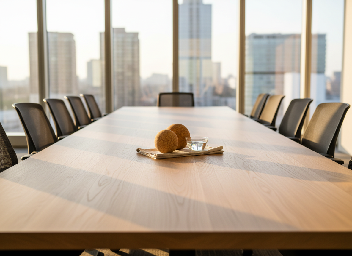 A spacious meeting room with a long, natural oak conference table, its grain clearly visible, surrounded by ergonomic chairs pushed neatly under the table to avoid any sense of clutter. At the center, a simple arrangement of three different textured objects—a cork ball, a small glass bowl of water, and a folded linen cloth—evokes tactile mindfulness exercises for teams. A large window wall reveals a soft-focus cityscape, while late afternoon light streams in, creating warm highlights along the table’s edge. Shot from one end of the table with a shallow depth of field, the foreground objects are in crisp focus while the far end gently blurs. The atmosphere is professional yet calm, ideal for a mindful team training setting in photographic realism.