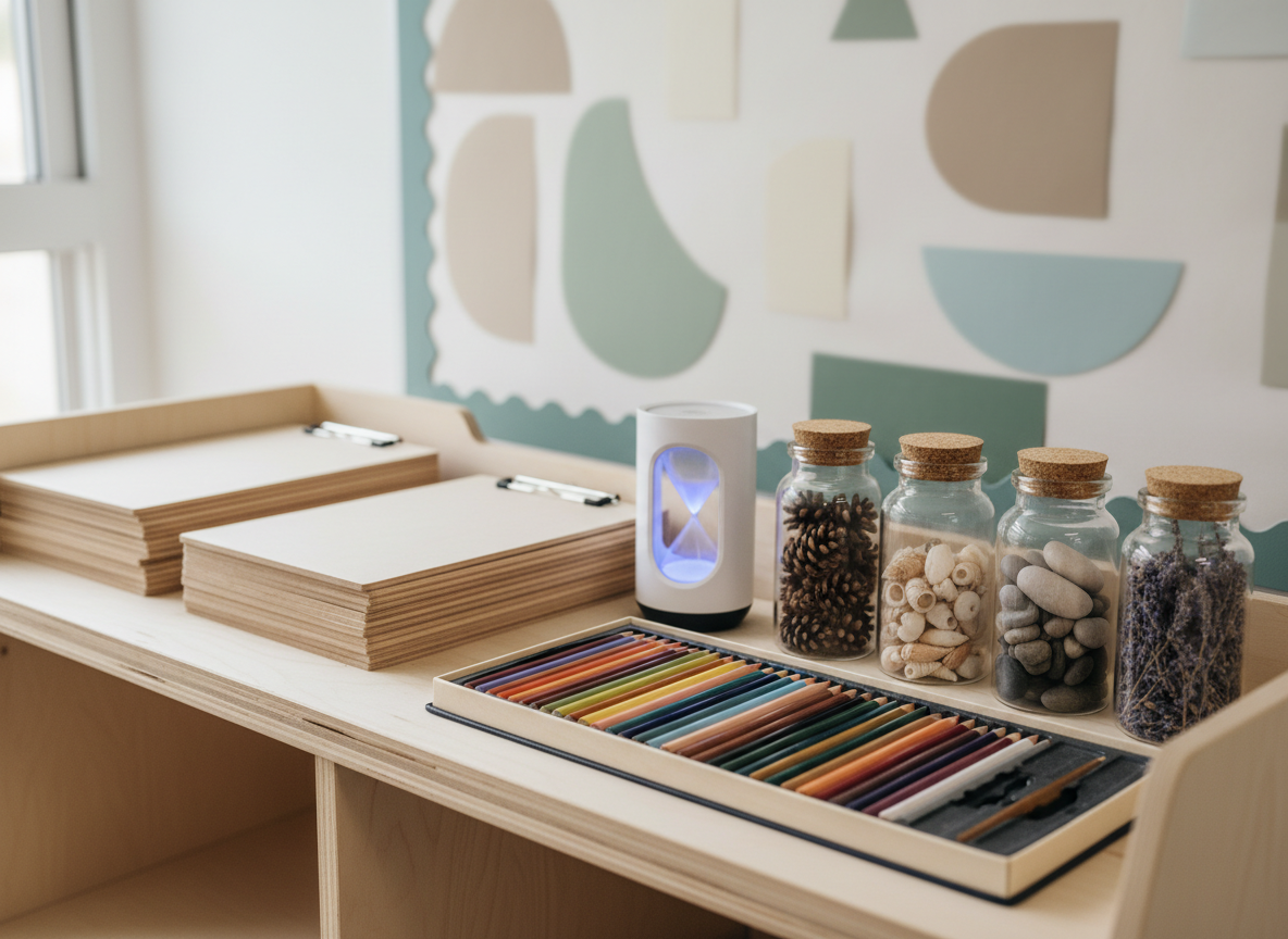 A close-up view of a neatly organized mindfulness materials corner on a light birch shelf in a school setting. Stacked blank clipboards, a timer, a box of colored pencils, and a row of small glass jars filled with natural items like pinecones and shells suggest hands-on, experiential exercises without showing any users. Behind the shelf, a softly blurred bulletin board with neutral-colored shapes hints at an educational environment without readable text. Gentle side lighting from an unseen window creates soft shadows and subtle reflections on the glass jars. Photographed straight-on with a moderate depth of field, the composition feels ordered and accessible. The mood is curious, practical, and quietly inviting, supporting the idea of mindfulness as a tangible classroom resource.